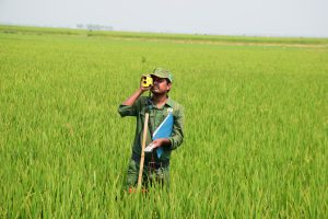Distance measurement using range finder standing in paddy field of Haor area, Hobigonj